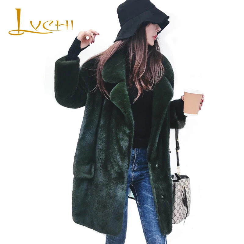 LVCHI зима 2019 импортная бархатная зеленая норковая шуба с лебедем Женская
