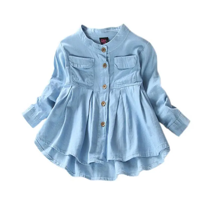 465 модные детские джинсовые рубашки для девочек, весенне-осенняя рубашка из мягкой ткани с длинными рукавами и оборками, одежда для детей - Цвет: Синий