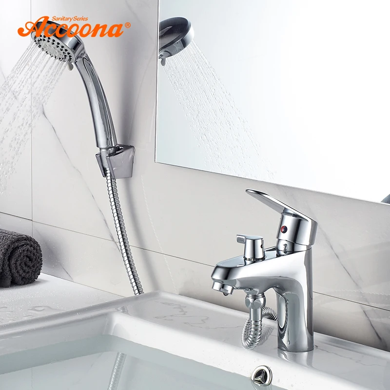 Günstig Accoona Bad Becken Wasserhahn Chrom Einzigen Handgriff Waschbecken Wasserhahn Mixer mit Dusche Kopf Heiße Und Kalte Wasser Schlauch Armaturen a9369