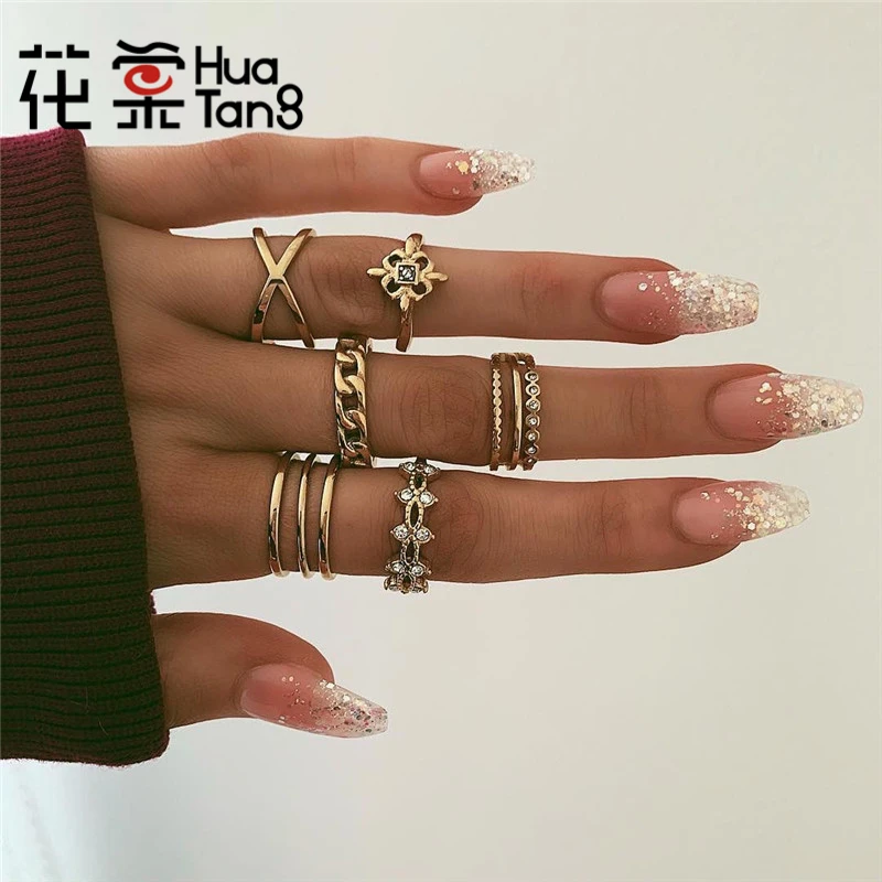 

HuaTang Gold Color Flower Crystal Midi Knuckle Ring Set for Women Girl Fashion Metal Geometric Finger Rings Jewelry Anillo 7051