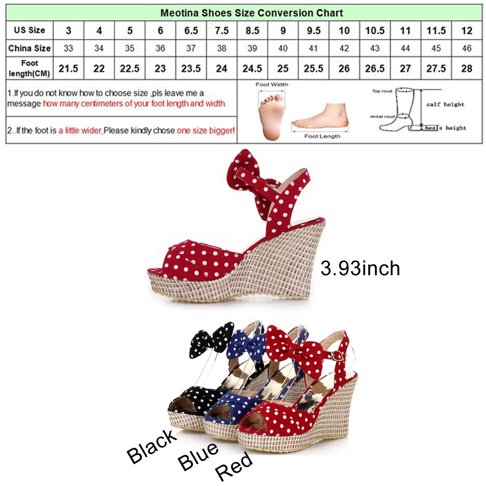 Meotina/Женская обувь, летняя обувь на платформе женские туфли с открытым носком с узором в горошек и бантом платформа, танкетка, каблук Женская обувь из двух предметов Дамская обувь красные, синие