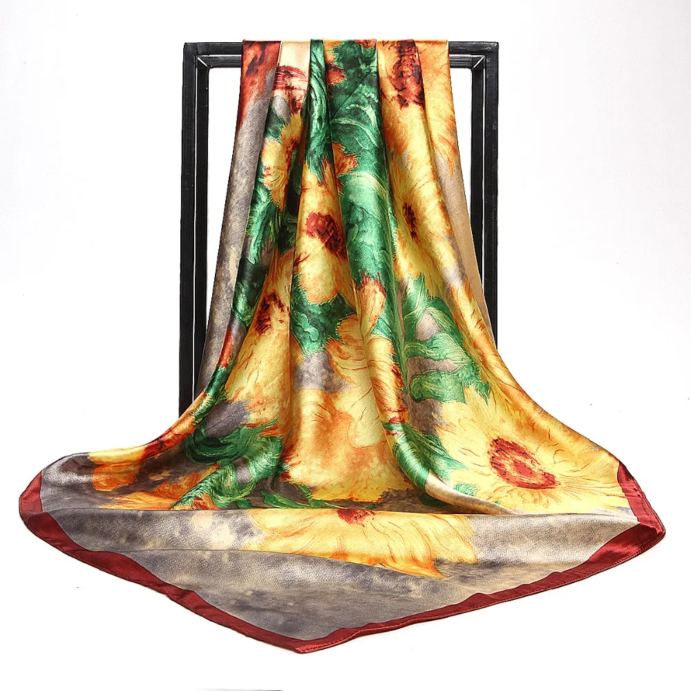 Мода квадратный головной платок Для женщин солнца Цветочный принт шали из фуляра Элитный бренд обертывания Лето сатиновый хиджаб шелковые шарфы 90*90 см
