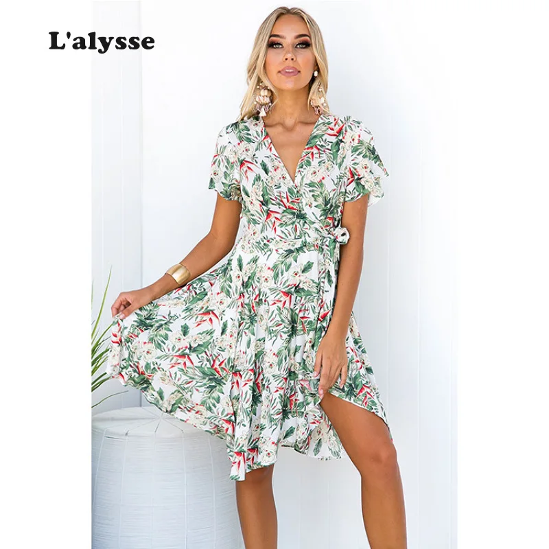 

LALYSSE Women Summer Short Sleeve Beach Dress Tropical Leaf Print Dress Sexy V-neck Tie Wrap Dress Holiday Clothes Casual S-XL