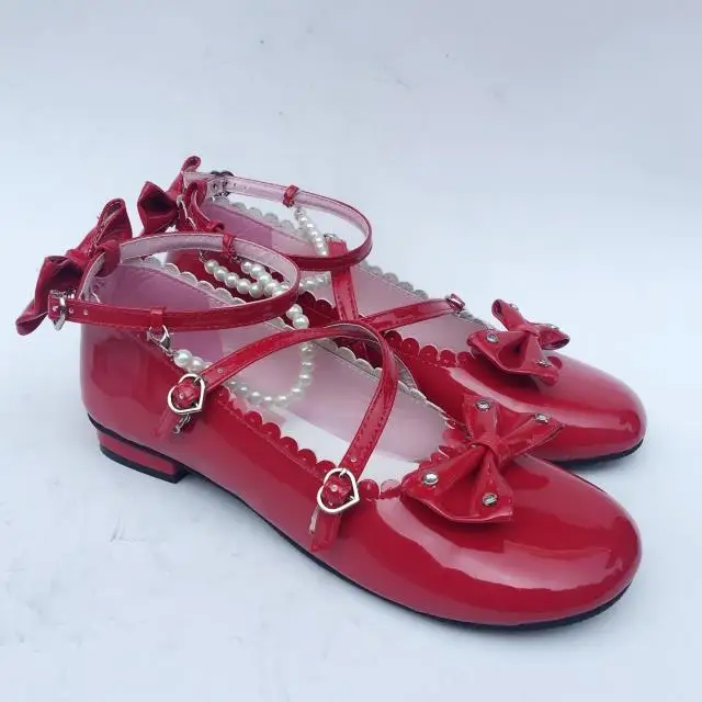 

Japanese Harajuku Low Chunky Heels Sweet Wine Round Toe Bowtie Princess Lolita Shoes Kawaii School Girls Lolita Flat Shoes