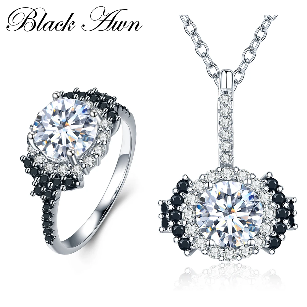 

[BLACK AWN] 925 Sterling Silver Fine Jewelry Sets Trendy Engagement Necklace for Women Wedding Ring PR021