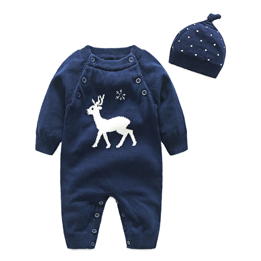 

IYEAL New Baby Winter Romper With Hat Deer Pattern Knitted Sweaters Newborn Boy Girl Jumpsuit Autumn Baby's Wear Kid Clothes