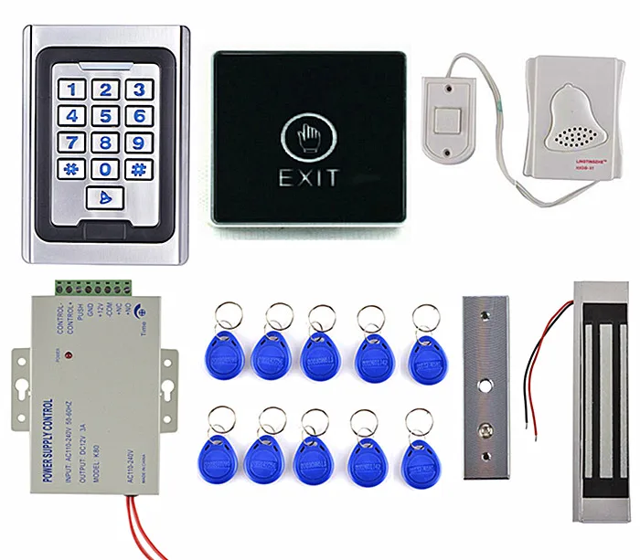 

Full Complete 125KHz Metal Case RFID Door Lock Access Control System Kit + Magnetic Lock+Power + Exit Button