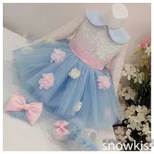 Милые светло-голубые платья с длинным рукавом и круглым вырезом для девочек с цветочным узором короткие фатиновые Бальные платья с бантом и поясом для малышей