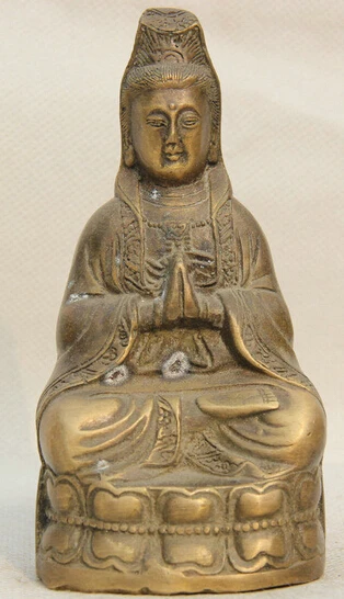 

273@g++5" Old China Buddhism Copper Seat Lotus Kwan-yin Guan Yin Goddess Bless Statue
