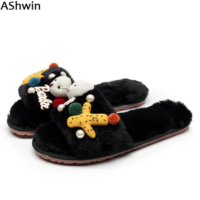 

AShwin women fur slippers fashion faux furry slipper winter fall home floor shoes causal slides sandals decorations mules pearls