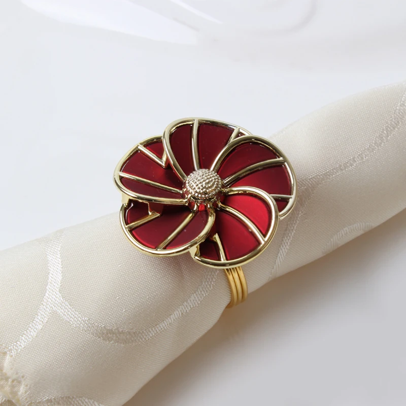 

Gold Plating Red Green Blue Black Plastic Flower Design Stainless Steel Napkin Rings Set