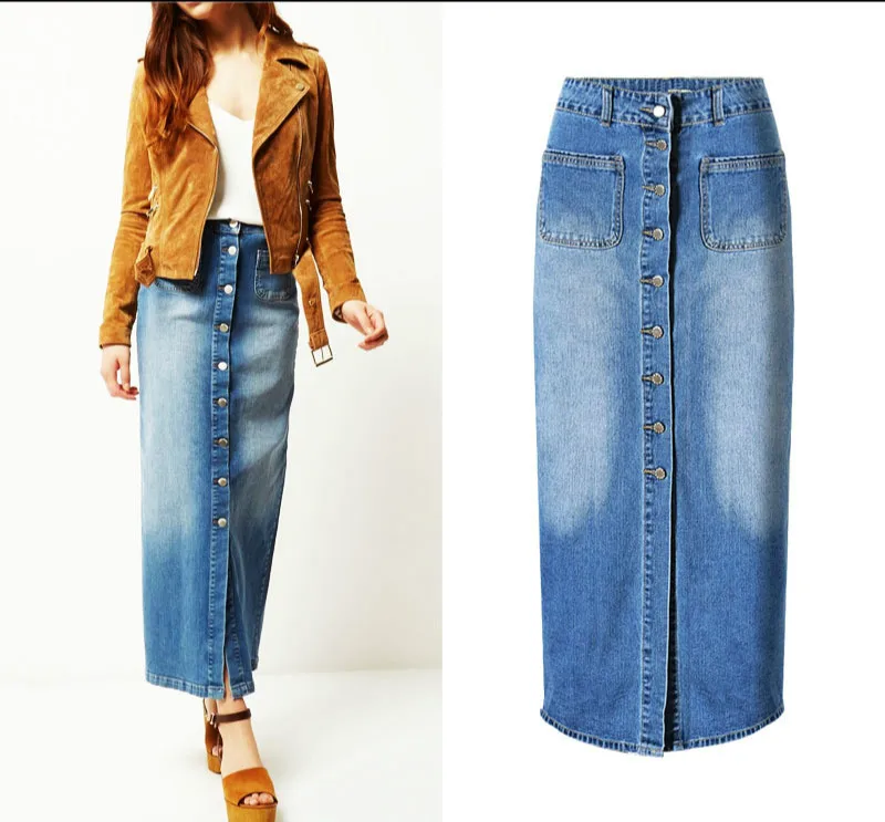 Необычная Женская длинная джинсовая юбка, однотонная женская джинсовая юбка макси, повседневная юбка до лодыжки