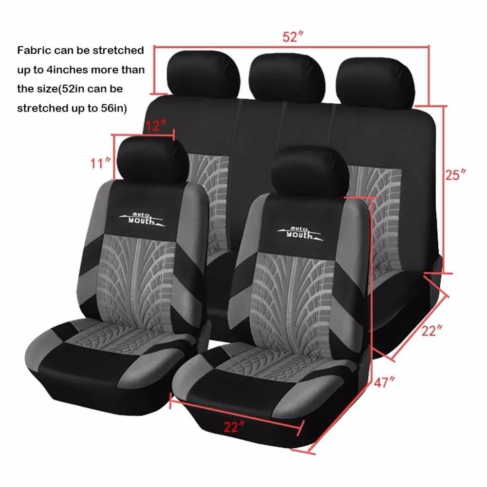  AUTOYOUTH 3 Colour Track Detail Style Car Seat Covers Set Polyester Fabric Universal Fits Most Cars