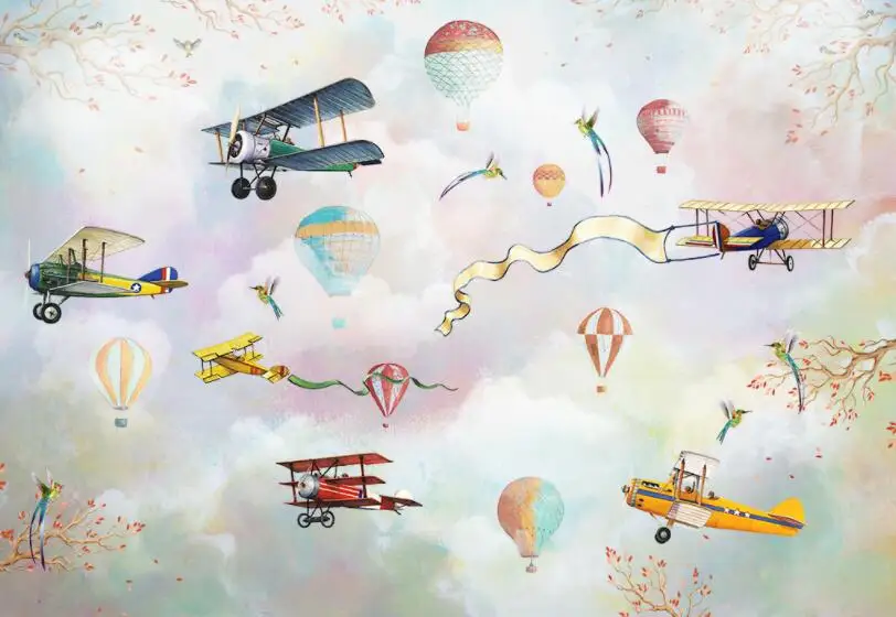 Beibehang пользовательские украшения детской комнаты обои мультфильм горячий воздух воздушный шар вишневый цвет ретро самолет облака 3d обои
