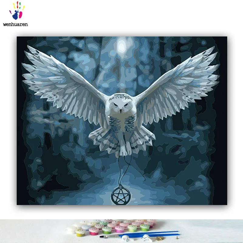 

DIY Coloring paint by numbers White owl flying at night pictures Abstract figure paintings by numbers with kits 40x50 framed