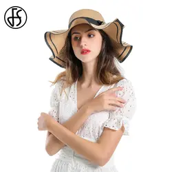FS летняя широкополая Солнцезащитная шляпа для женщин с черной лентой с широкими полями элегантные дамы лук волна стиль соломенная Кепка
