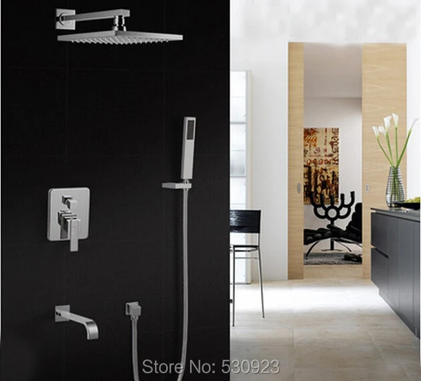 

Newly Modern Rain Shower Faucet Set Chrome Polished Mixer Tap ABS 8" Shower Head ABS Handheld Shower W/ Tub Spout Wall Mounted