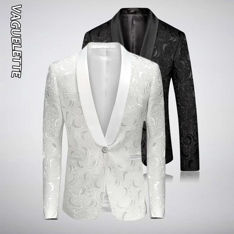 

VAGUELETTE Elegant Embroidery Floral Men Blazer White/Black Dress Jacket Coat Luxury Wedding Tuxedo Stage Clothing For Men M-5XL