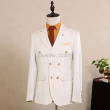 Шерсть классические полосатые мужские костюмы на заказ Жених Формальные блейзеры Ретро портной slim fit Свадебный костюм для мужчин 3 шт