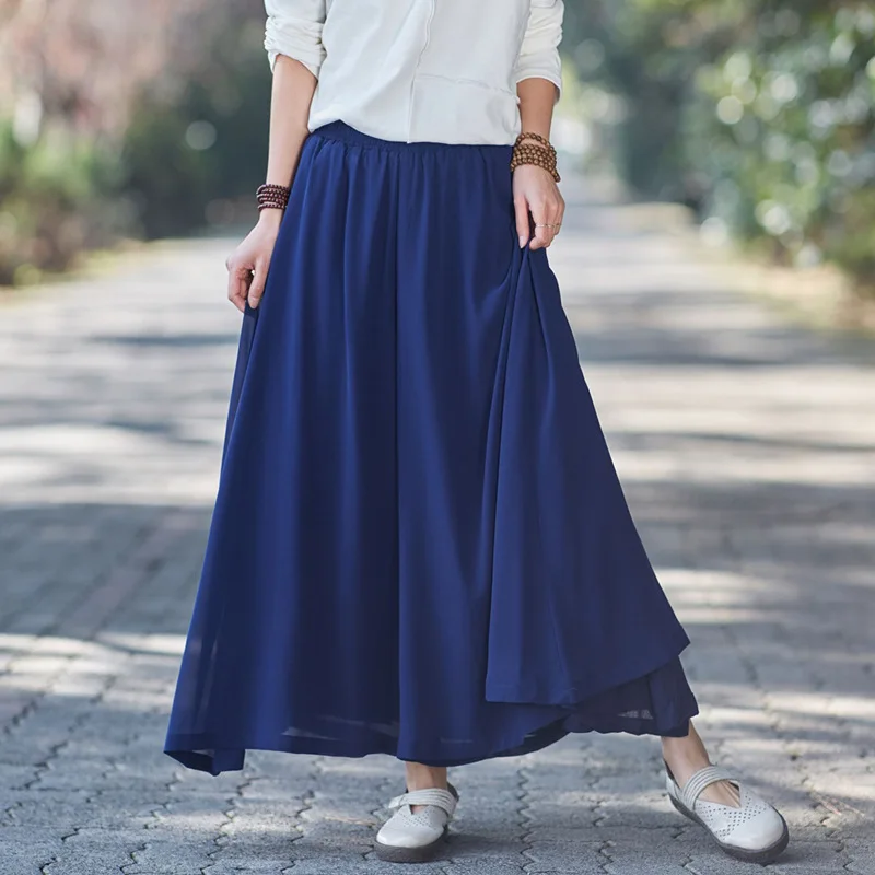 

Fresh 5 Colors Preppy Large Thin Double Layers Women Tencel Linen Capris, Summer Trendy Ankle-length Young Lady Skirt-like Pants