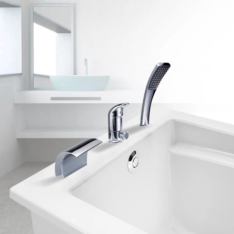 

Deck Mount Widespread Waterfall Vessel Sink Basin Faucet Single Handles Bathroom Mixer Water Tap Chrome Finish with Sprayer