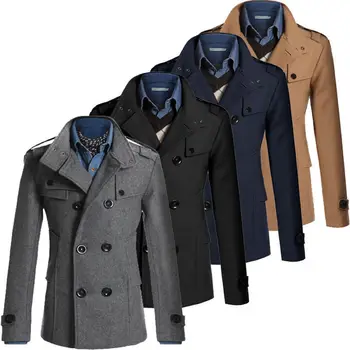 

2018 NEW Men Winter Warm Trench Woolen Coat Slim Fit Casual Reefer Jackets Solid Stand Collar Double Breasted Peacoat parka