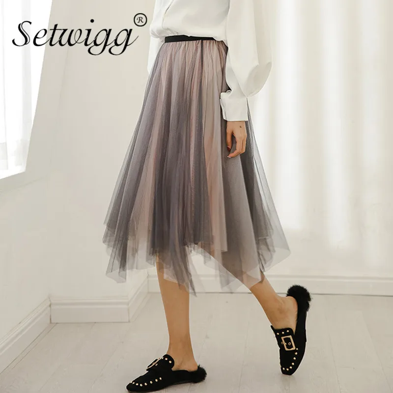 Setwigg, весна, Комбинированный Тюль, контрастный цвет, асимметричные трапециевидные длинные юбки, Корейская эластичная талия, Многослойная сетка, высокие низкие юбки