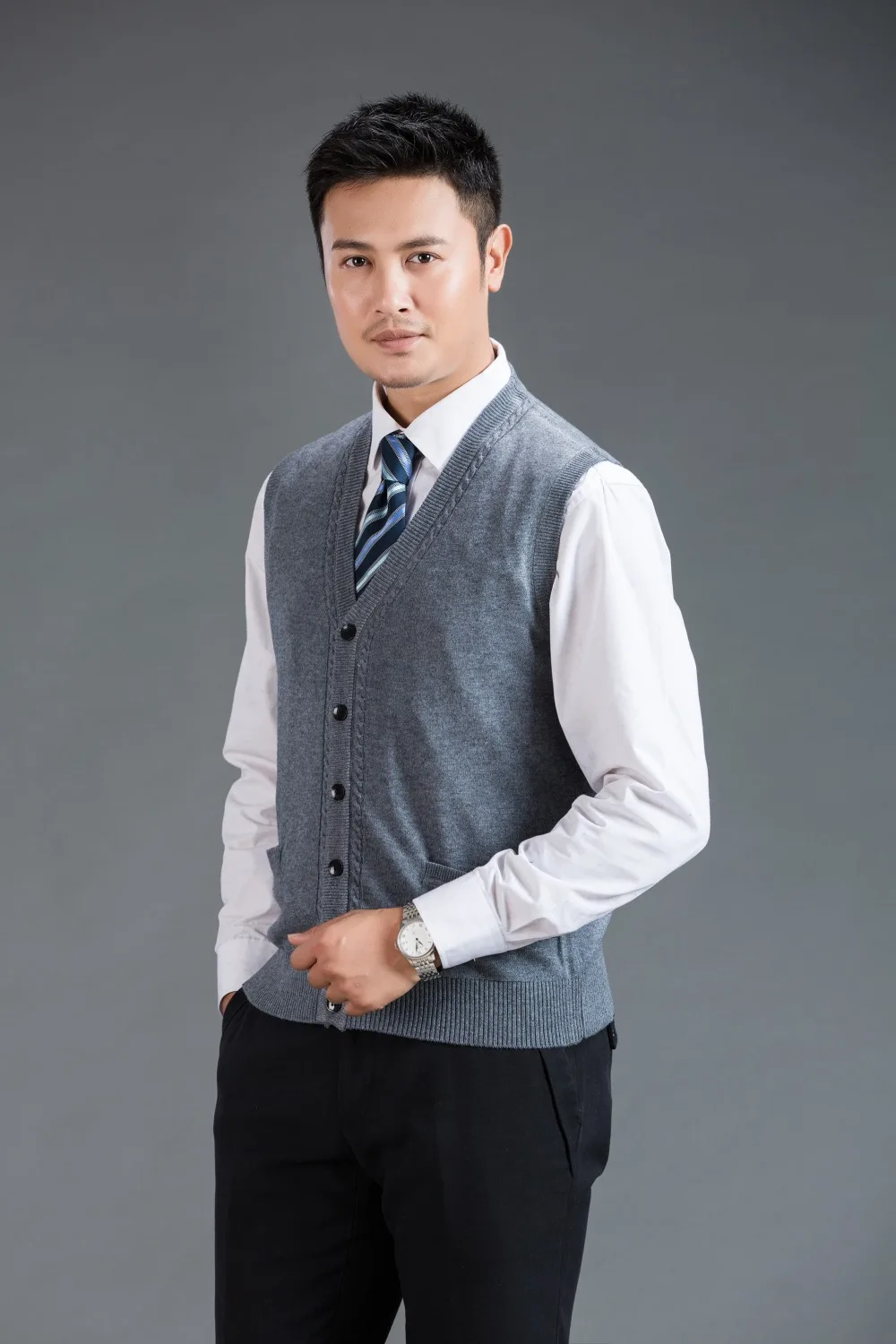 중년 남성 스웨터 조끼, 깊은 v넥 일반 캐시미어 가디건 코트, 민소매, 새로운 가을 패션