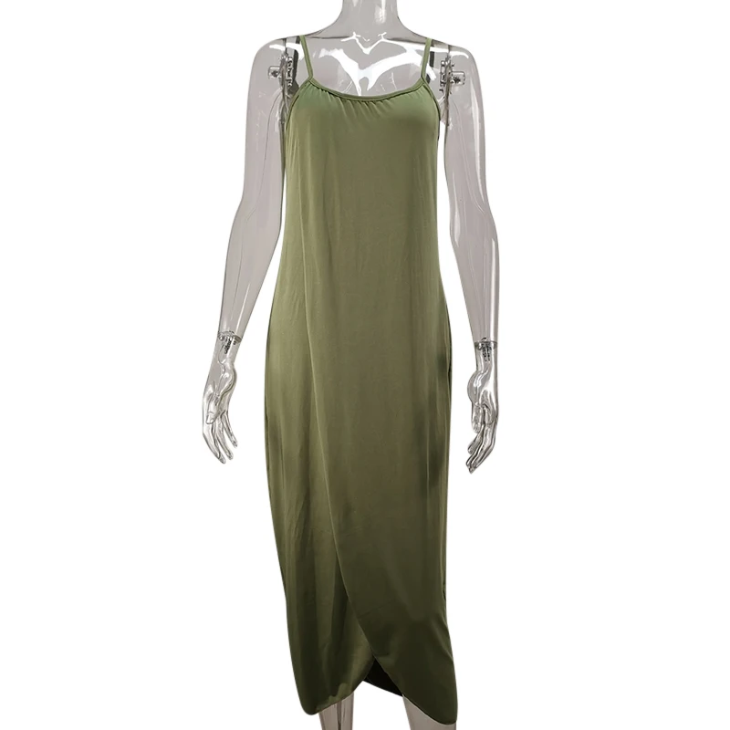 Female Ladies Holiday Strappy Irregular Wrap Maxi Summer Dress Women Loose Solid Color Sleeveless Sexy Sundress Plus Size S-3XL