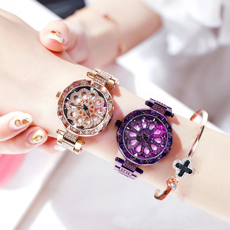 Женские кварцевые часы Chronos с цветком и стразами из стали розового золота