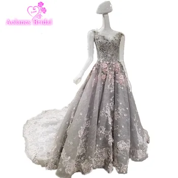 

Luxury Long A line Evening Dresses Beaded Crystal Evening Gowns Pink Lace Embroidery Gray Robe De Soiree Longue Prom Dress