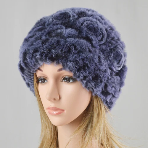 blue Брендовые женские шапки из меха кролика Рекс, вязаные полосатые шапки из натурального меха кролика Рекс, зимние теплые шапки с цветами Skullies, меховая шапка - Цвет: blue