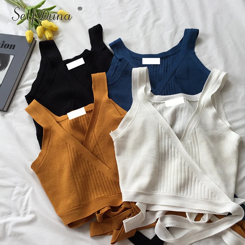 

Self Duna 2018 Summer Women Knitted Tank Sexy Crop Top Female Vest Knitting Sleeveless V Neck Lace Up Strappy Camisole Tank