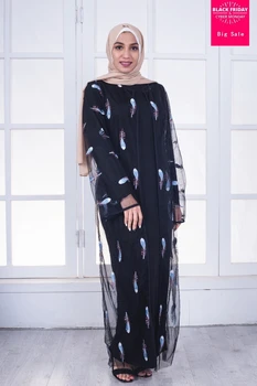 

Wholesale Adult feather pattern embroidery Mujer Abayas Muslim Female msh cardigan dress Islamic Ramadan sunshine protect Wj2734