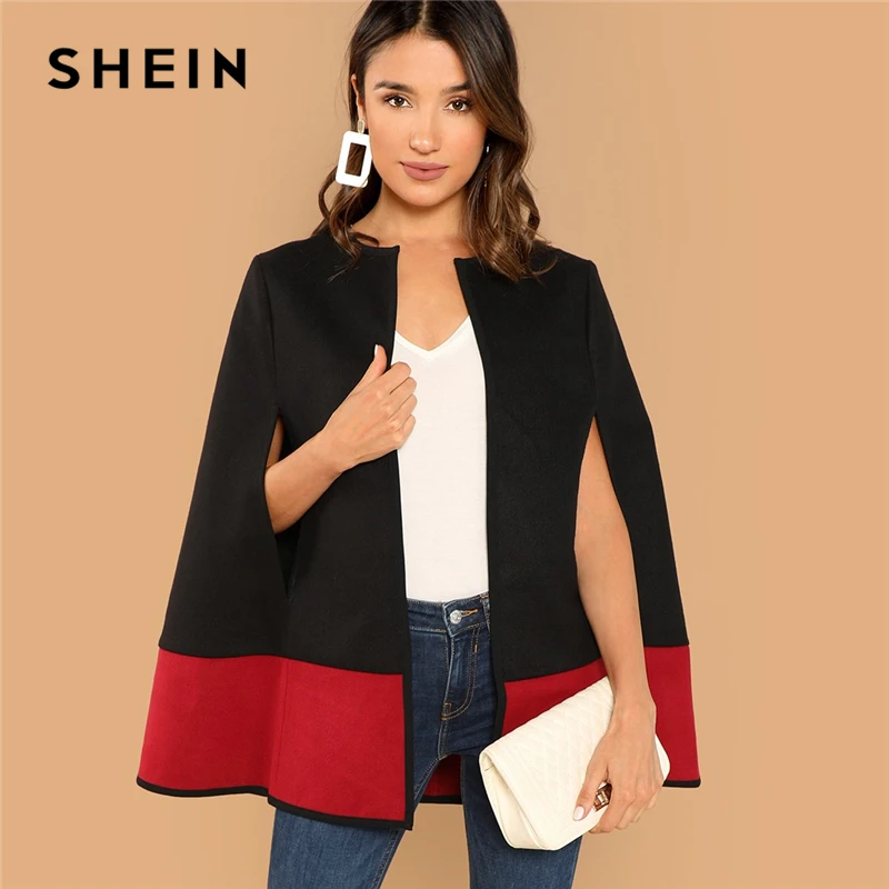 SHEIN نهاية الأسبوع عارضة الأسود جولة الرقبة اثنين من لهجة فتح الجبهة عباءة كم معطف الرأس 2018 الشارع الشهير الحديثة سيدة قميص معطف جديد