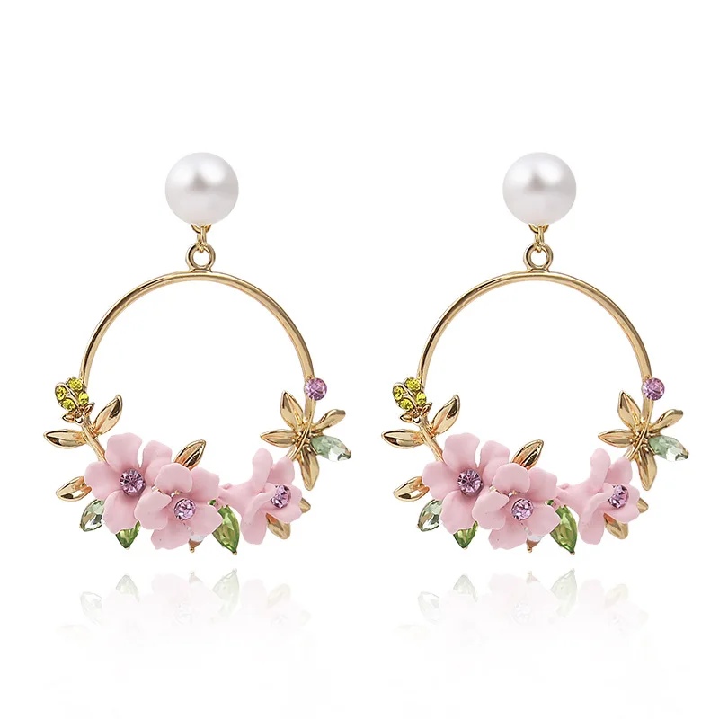 Pink Flower Charm Dangle Earrings for Female Imitation Pearl Top Stud