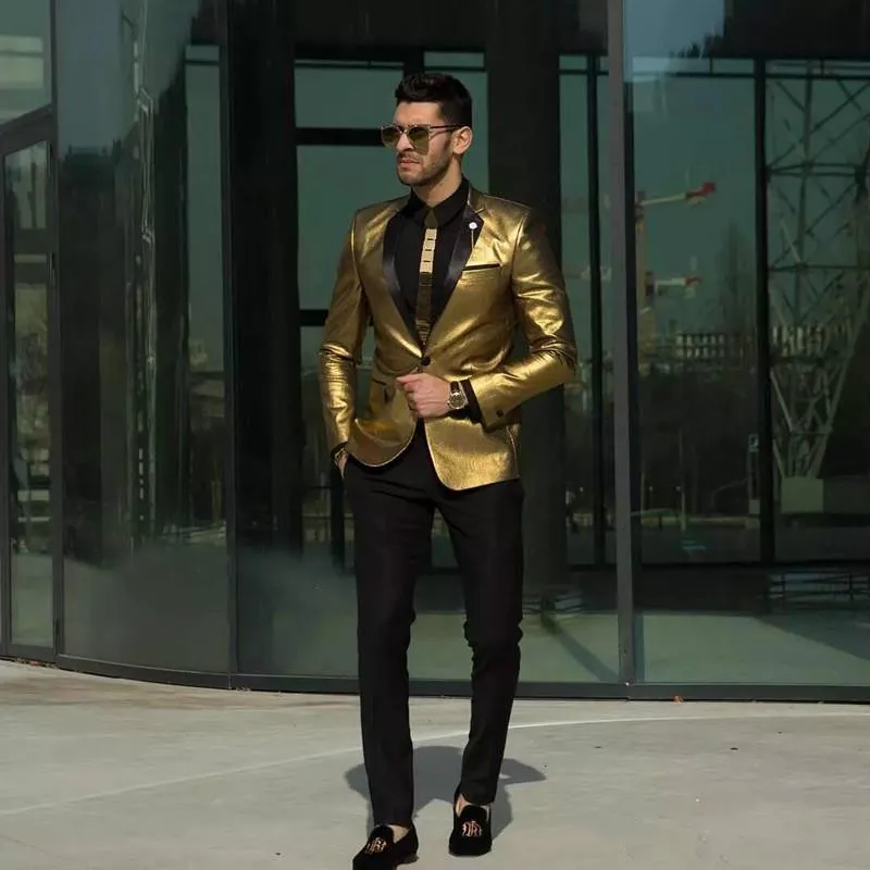 2018 Custom Made Gold Wedding Suits Fashion Two Pieces Groomsmen Tuxedos Slim Fit Cheap Prom Party Suits Men Suit (Jacket+Pant)