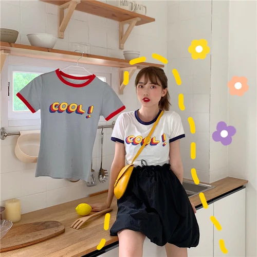 

Letter Printed Casual Loose Basic Slim Patchwork 2019 New Arrival Fashion Summer College Wind Short Sleeve Female Tees Top