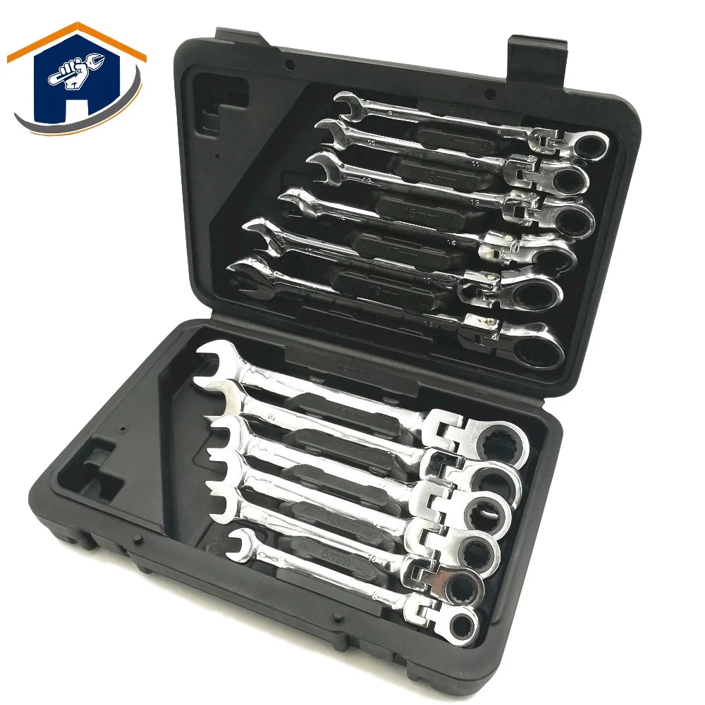 

HS Tools 12Pcs CRV Combination Wrench Set Box 8-19mm Flex-Head Metric Ratcheting Spanners Hand Tools Kit