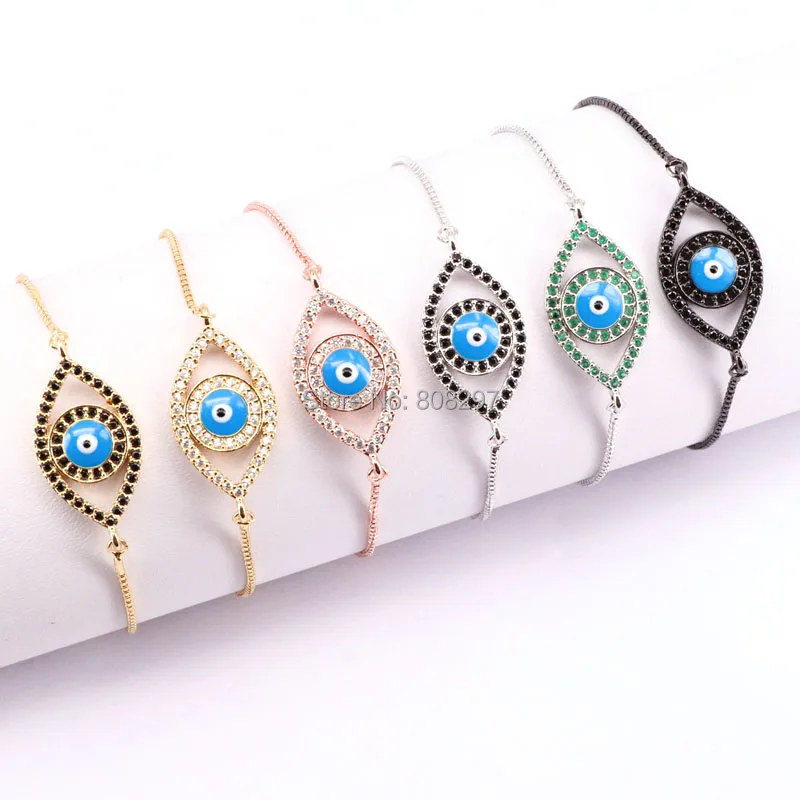 

10Pcs Fashion jewelry Micro pave CZ Eye charm adjustable chain Macrame bracelet for women
