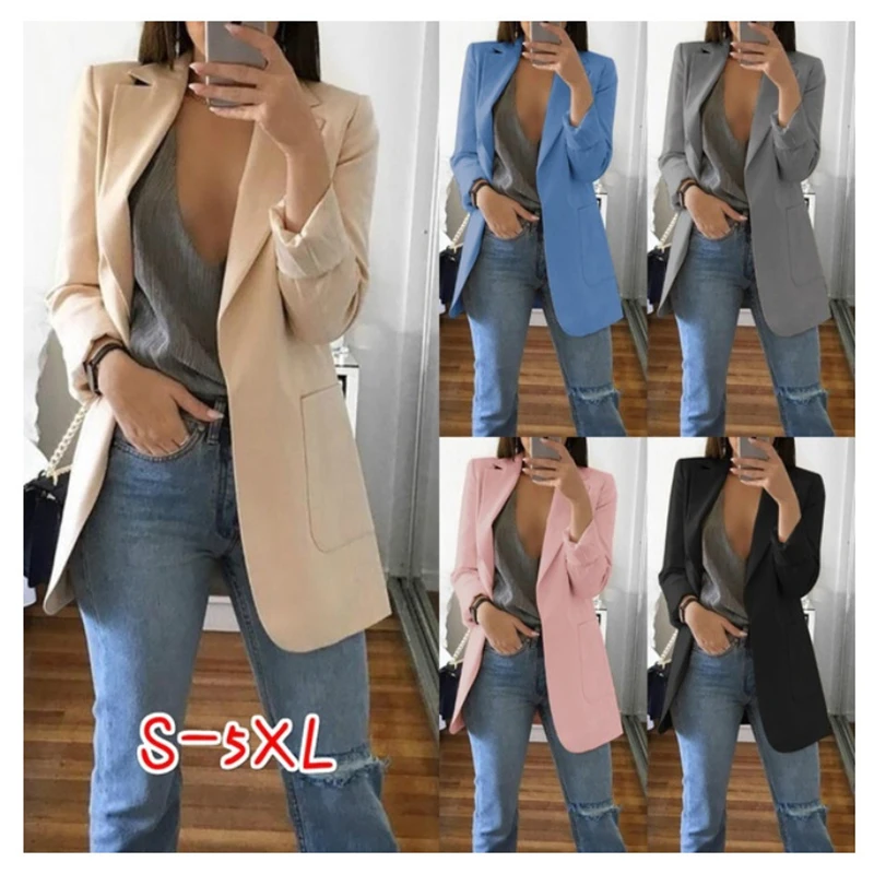 OL commuter solid color lapel suit collar long-sleeved cardigan loose long women's blazer OL commuter solid color lapel suit collar long-sleeved cardigan loose long women's blazer