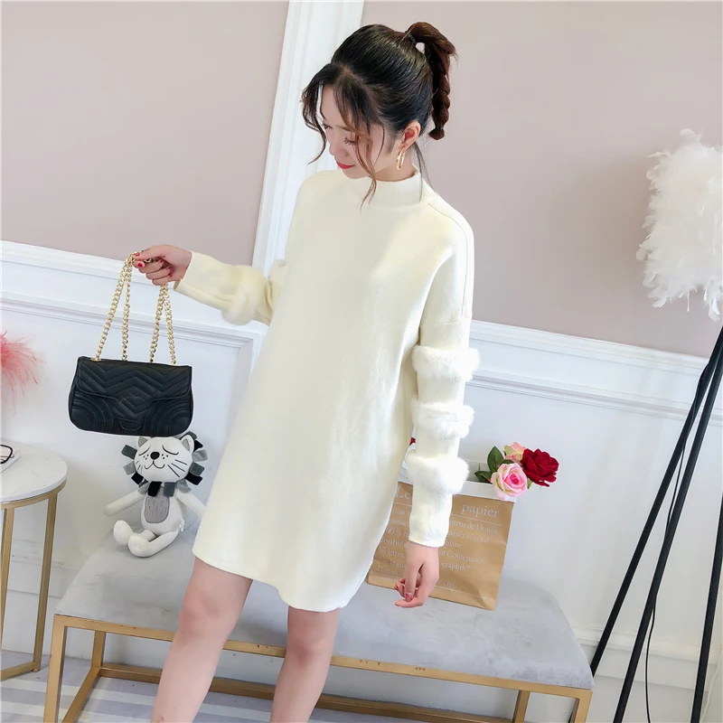 

2019 Autumn Winter Women Sweater Dress Female Long Sleeve Pullover Warm Knitted Solid Casual White