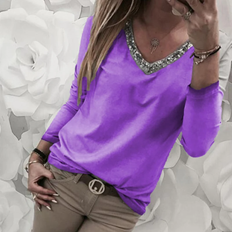 

2019 Summer Women Loose T-shirt Gray Purple Long Sleeve T shirt V-neck casual Women's Solid Color Stitching T-shirt New Arrival