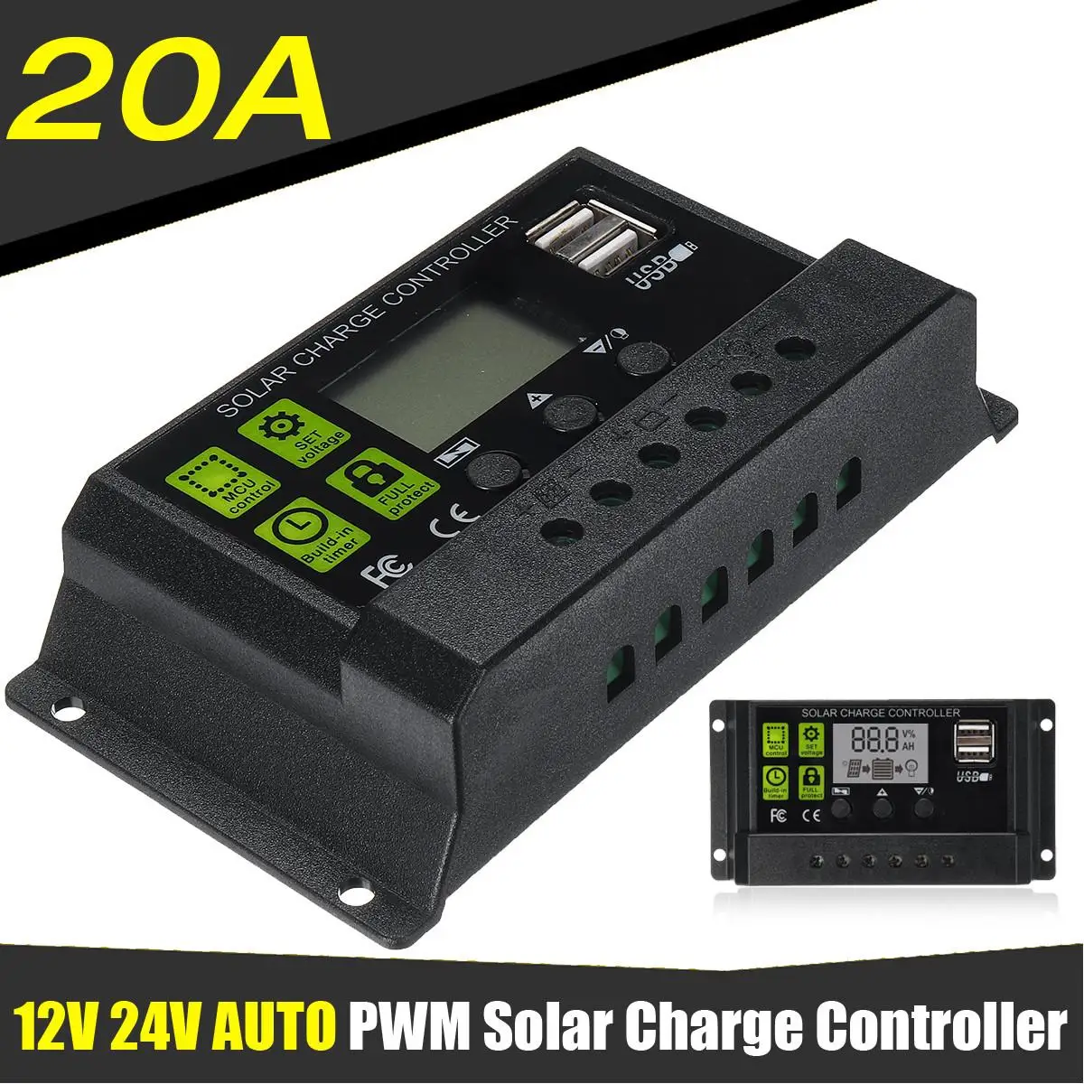 

20A 12V/24V AUTO Solar Charge Controller LCD Display PWM USB 5V Output Solar Panel Regulator Charge Controller & Timer