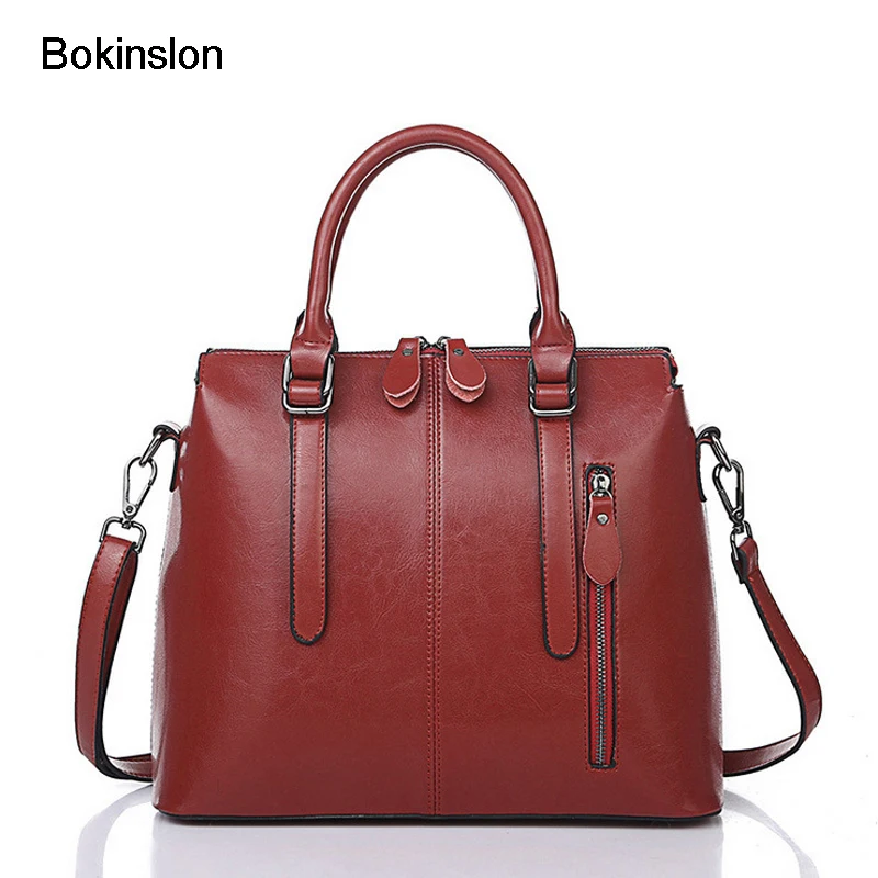 Bokinslon Handbags Woman Bags Solid Color Split Leather Ladies Shoulder ...