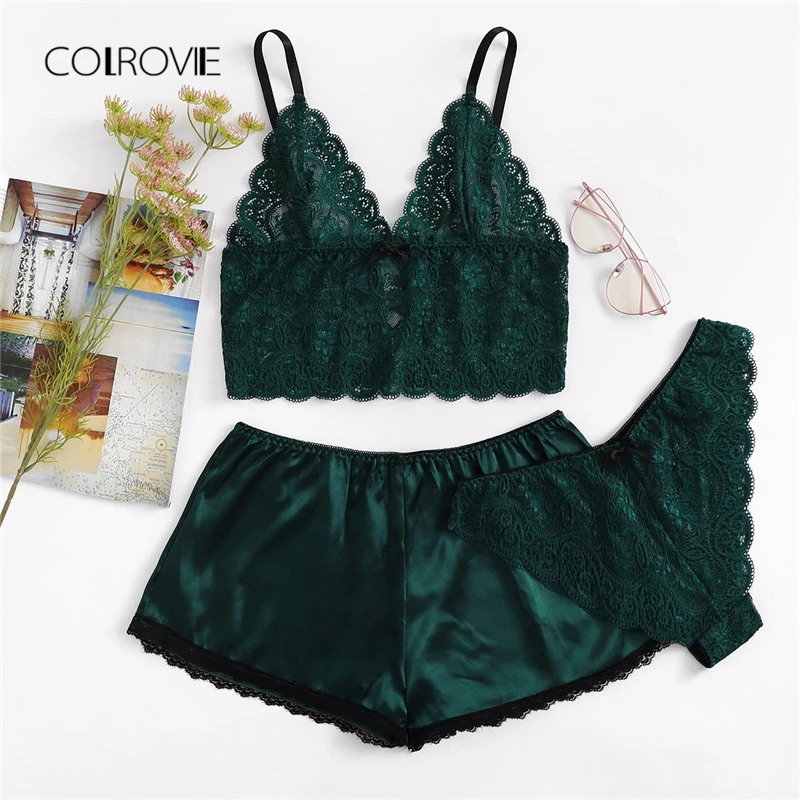

COLROVIE Army Green Sexy Floral Lace Cami Lingerie Set Burgundy Women Bra And Brief Sets Wireless Sexy Underwear Bra Set