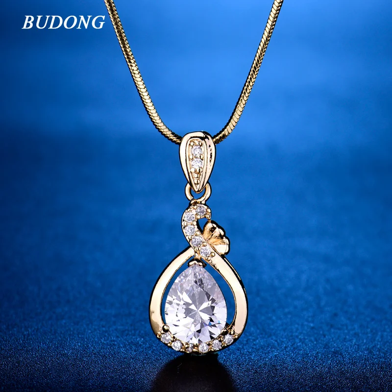 

BUDONG Fashion Teardrop Pink Crystal Slide Pendant with Snake Chain Necklace Silver/Gold-Color Cubic Zirconia Jewelry XUP005