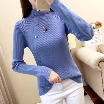 

Net red sweater female 2020 autumn new high necked long sleeved button bottoming