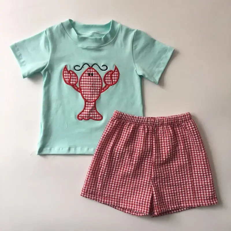 

Puresun Wholesale New Design Toddler Boy Clothing Set Summer Fish Embroidery Boutique Shorts Baby Boutique Outfits