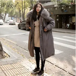 Plegie 2018 зимнее пальто Для женщин большой меховой воротник Длинная куртка с капюшоном Толстая теплая Корейская утепленная парка парки